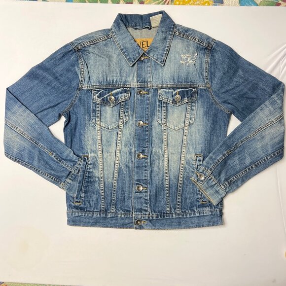 Axel Denim Jacket Unisex Size L Blue Distressed 100% Cotton Buttons Jean Jacket - Picture 1 of 8